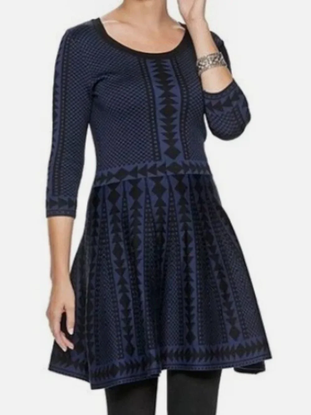 Nina Leonard Knit Sweater Dress Blue Black 3/4 Sleeves Fit & Flare Size XL NWT